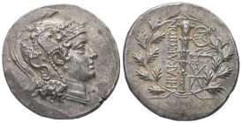 Ionia, Herakleia ad Latmon. AR Tetradrachm, 16.35 g 31.09 mm. Circa 165-140 BC.
Obv: Head of Athena right, in crested Attic helmet decorated with a p...