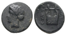 Ionia, Kolophon. AE. 2.18 g. - 14.17 mm. ca. 330-285 BC. Eksnitos, magistrate.
Obv.: Laureate head of Apollo left.
Rev.: ΕΞΝΙΤΟΣ / KOΛ. Lyre.
Ref.: BM...
