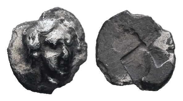 Ionia, Kolophon. AR Tetartemorion, 0.14 g 6.62 mm. Circa 450-410 BC.
Obv: Head o...
