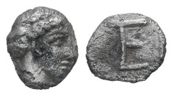 Ionia, Kolophon. AR Tetartemorion, 0.26 g 6.75 mm. Circa 450-410 BC.
Obv: Laureate head of Apollo right.
Rev: TE monogram in incuse square.
Ref: Milne...