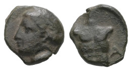 Ionia, Magnesia ad Maeandrum. Ae, 0.43 g 8.12 mm. Circa 400 BC
Obv: Laureate head of Apollo left.
Rev.: [M] A , Cuirass.
Ref.: SNG Kayhan, 393-94.
Fin...