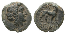 Ionia, Miletos . Ae, 0.67 g 11.32 mm.Circa 350-280 BC. Unclear magistrate.
Obv: Laureate head of Apollo right
Rev: lion advancing right, head reverted...