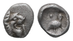 Ionia, Miletos, AR Tetartemorion, 0.26 g 6.34 mm. Circa 600-500 BC.
Obv: Head of roaring lion right
Rev: Eagle standing right; pellet above and below;...