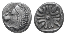 Ionia, Miletos. AR Obol or Hemihekte, 0.90 g 8.80 mm. Late 6th-early 5th centuries BC.
Obv: Forepart of lion right, head left.
Rev: Stellate floral de...