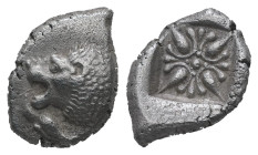 Ionia, Miletos. AR Obol or Hemihekte, 1.00 g 11.48 mm. Late 6th-early 5th centuries BC.
Obv: Forepart of lion right, head left.
Rev: Stellate floral d...