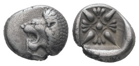 Ionia, Miletos. AR Obol or Hemihekte, 1.04 g 9.95 mm. Late 6th-early 5th centuries BC.
Obv: Forepart of lion right, head left.
Rev: Stellate floral de...