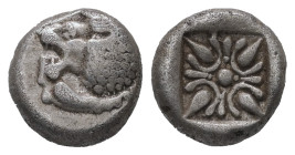 Ionia, Miletos. AR Obol or Hemihekte, 1.07 g 9.02 mm. Late 6th-early 5th centuries BC.
Obv: Forepart of lion right, head left.
Rev: Stellate floral de...