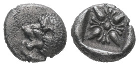 Ionia, Miletos. AR Obol or Hemihekte, 1.10 g 10.23 mm. Late 6th-early 5th centuries BC.
Obv: Forepart of lion right, head left.
Rev: Stellate floral d...