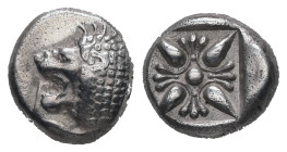 Ionia, Miletos. AR Obol or Hemihekte. 1.24 g. - 9.03 mm. Late 6th-early 5th centuries BC.
Obv.: Forepart of lion right, head left.
Rev.: Stellate flor...