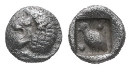 Ionia, Miletos. AR Tetartemorion, 0.22 g 6.10 mm. Late 6th-early 5th century BC.
Obv: Forepart of a roaring lion to right, head to left.
Rev: Eagle st...