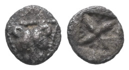 Ionia, Miletos. AR Tetartemorion. 0.18 g. - 6.14 mm. Late 6th-5th centuries BC.
Obv.: Facing lion's or panther's head scalp in triangular pellet borde...