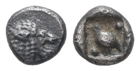 Ionia, Miletos. AR, Tetartemorion. 0.28 g. - 5.81 mm. Late 6th-early 5th century BC.
Obv.: Forepart of a lion to left, his head turned back to right.
...