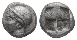 Ionia, Phokaia. AR, Diobol. 1.30 g 9.34 mm. Circa 521-478 BC.
Obv.: Archaic Female head (nymph?) left, wearing earring and helmet or close fitting cap...