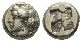 Ionia, Phokaia. EL Hekte, 2.56 g 10.05 mm. Circa 478-387 BC.
Obv: Head of nymph left, with hair in sakkos; to right, small seal downward.
Rev: Quadrip...