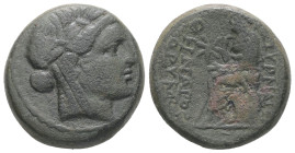 Ionia, Smyrna. AE. 11.18 g. - 21.99 mm. Circa 75-50 BC. Athenagoras -orym-, magistrate.
Obv.: Laureate head of Apollo right.
Rev.: [Σ]ΜΥΡΝΑΙΩ[Ν] / [A]...