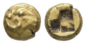 Ionia, Uncertain. Circa 600-550 BC. Myshemihekte - 1/24 Stater. 0.64 g. - 6.46 mm. Phokaic standard.
Obv.: Head of a ram to right.
Rev.: Quadriparti...