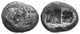 Kings of Lydia, Sardes. Kroisos. AR Half Stater, 5.22 g 16.48 mm. Circa 564/53-550/39 BC.
Obv: Confronted foreparts of lion and bull.
Rev: Two incuse ...