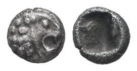 Kings of Lydia. Kroisos, 1/48 AR Stater, 0.15 g 4.56 mm. Circa 564/53-550/39 BC. Sardes.
Obv.: Head of roaring lion right.
Rev.: Rough incuse punch.
R...