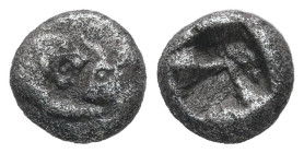 Kings of Lydia. Sardes. Kroisos, AR 1/12 Stater, 0.78 g 7.73 mm. Circa 564/53-550/39 BC.
Obv: Confronted foreparts of bull right and lion left.
Rev: I...