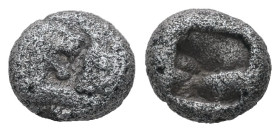 Kings of Lydia. Sardes. Kroisos, AR 1/12 Stater, 0.80 g 7.91 mm. Circa 564/53-550/39 BC.
Obv: Confronted foreparts of bull right and lion left.
Rev: I...