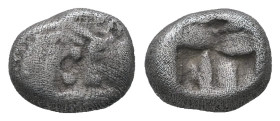 Kings of Lydia. Sardes. Kroisos, AR 1/12 Stater, 0.80 g 8.24 mm. Circa 564/53-550/39 BC.
Obv: Confronted foreparts of bull right and lion left.
Rev: I...
