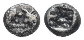Kings of Lydia. Sardes. Kroisos, circa 564/53-550/39 BC. AR 1/24 Stater. 0.37 g. - 5.94 mm.
Obv.: Confronted foreparts of lion and bull.
Rev.: Incuse ...