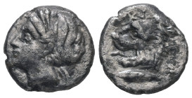 Mysia, Kyzikos, AR Drachm, 2.81 g 14.37 mm. Circa 390-341/0 BC.
Obv: Head of Kore Soteira left, with hair in sphendone.
Rev: [KYZI], Head of lion left...