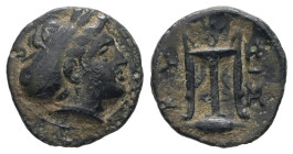 Mysia, Kyzikos. Ae. 1.12 g. - 12.77 mm. 3rd century BC.
Obv.: Head of Kore Soteira to right, wearing grain wreath, her hair in sphendone.
Rev.: KY-ZI....