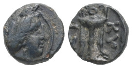 Mysia, Kyzikos. AE. 1.32 g. - 10.92 mm. 3rd century BC.
Obv.: Head of Kore Soteira right, hair bound in sakkos.
Rev.: KY-ZI Tripod; below, tunny right...