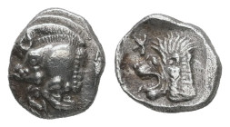 Mysia, Kyzikos. AR Hemiobol. 0.39 g. - 7.46 mm. Circa 525-475 BC.
Obv.: Forepart of boar left; to right, tunny upward.
Rev.: Head of lion left; retrog...