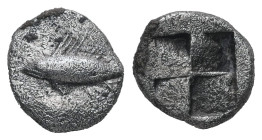 Mysia, Kyzikos. AR Hemiobol. 0.60 g. - 8.62 mm. c. 550-480 BC.
Obv.: Tunny fish swimming left.
Rev.: Quadripartite incuse square.
Ref.: Von Fritze, No...