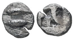 Mysia, Kyzikos. AR Hemiobol. 0.77 g. - 9.97 mm. c. 550-530 BC.
Obv.: Dolphin? swimming to left above a tunny swimming to left.
Rev.: Quadripartite i...