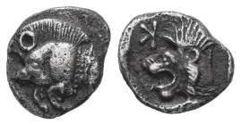 Mysia, Kyzikos. AR Obol, 0.76 g 10.03 mm. Circa 450-400 BC.
Obv.: Forepart of boar left; tunny to right.
Rev.: Head of roaring lion left; retrograde K...