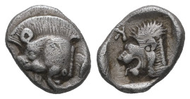 Mysia, Kyzikos. AR Obol, 0.78 g. - 10.13 mm. Circa 450-400 BC.
Obv.: Forepart of boar left; tunny to right.
Rev.: Head of roaring lion left; retrograd...