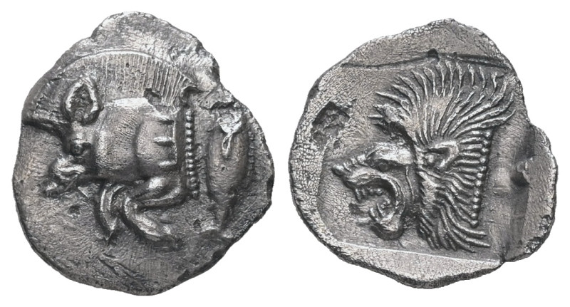 Mysia, Kyzikos. AR Obol. 0.73 g. - 13.08 mm. Circa 450-400 BC.
Obv.: Forepart of...