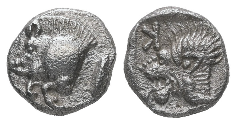 Mysia, Kyzikos. AR Obol. 0.78 g. - 9.28 mm. Circa 450-400 BC.
Obv.: Forepart of ...