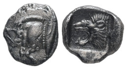 Mysia, Kyzikos. AR Obol. 1.21 g. - 11.53 mm. Circa 450-400 BC.
Obv.: Forepart of boar left; to right, tunny upward.
Rev.: Head of roaring lion left wi...