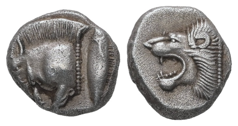 Mysia, Kyzikos. AR, Diobol. 1.25 g. - 9.88 mm. Circa 450-400 BC.
Obv.:Forepart o...