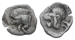 Mysia, Kyzikos. AR, Hemiobol. 0.38 g 9.75 mm. Circa 450-400 BC.
Obv.: Forepart of boar left; to right, tunny upward.
Rev.: Head of roaring lion left; ...