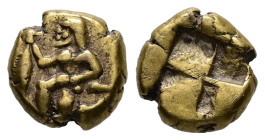 Mysia, Kyzikos. EL 1/24 Stater. 1.36 g. - 8.88 mm. Circa 500-450 BC.
Obv.: Satyr in kneeling-running stance to left, holding in his extended right ha...