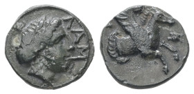 Mysia, Lampsakos. Ae, 0.94 g. 10.88 mm. 4th-3rd cent. BC.
Obv.: ΛΑΜ, Laureate head of female right.
Rev.: ΨΑ. Forepart of Pegasos right; uncertain sym...