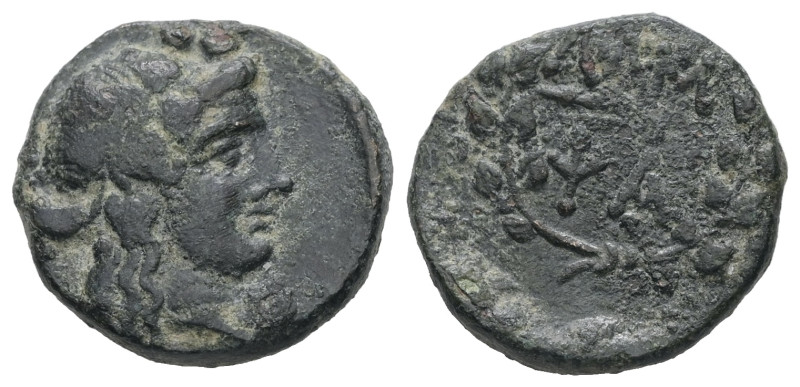 Mysia, Lampsakos. Ae, 3.35 g 16.88 mm. 190-85 BC.
Obv: Ivy-wreathed head of Dion...