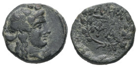 Mysia, Lampsakos. Ae, 3.35 g 16.88 mm. 190-85 BC.
Obv: Ivy-wreathed head of Dionysos right.
Rev: ΛΑΜ-ΨΑ, thyrsos, within ivy wreath.
Ref: SNG Copenhag...