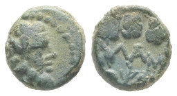 Mysia, Lampsakos. AE. 1.27 g. - 9.22 mm. Circa 190-85 BC.
Obv.: Bearded head of Priapos right, wreathed with ivy. Border of dots.
Rev.: ΛΑΜ / ΨΑ in tw...