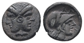 Mysia, Lampsakos. AR Diobol, 1.16 g 12.22 mm. 4th-3rd centuries BC.
Obv: Janiform female head.
Rev: ΛΑΜΨ. Helmeted head of Athena right within incuse ...