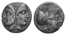 Mysia, Lampsakos. AR Diobol, 1.17 g 11.29 mm. 4th-3rd centuries BC.
Obv: Janiform female head.
Rev: [ΛΑΜΨ]. Helmeted head of Athena right within incus...