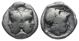 Mysia, Lampsakos. AR Diobol, 1.17 g. - 11.69 mm. 4th-3rd centuries BC.
Obv.: Janiform female head.
Rev.: ΛΑΜΨ. Helmeted head of Athena right within in...