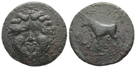 Mysia, Parion. Ae, 6.39 g 23.55 mm. 2nd-1st century BC.
Obv: Facing gorgoneion.
Rev: ΠΑPI. Bull standing left.
Ref: SNG BN 1402.
Fine
