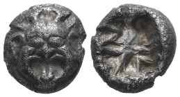 Mysia, Parion. AR Drachm, 3.85 g. – 14.35 mm. 5th century BC.
Obv.: Facing gorgoneion with protruding tongue.
Rev.: Disorganized linear pattern within...