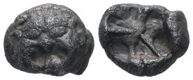 Mysia, Parion. AR Drachm, 3.86 g. – 14.03 mm. 5th century BC.
Obv.: Facing gorgoneion with protruding tongue.
Rev.: Disorganized linear pattern within...